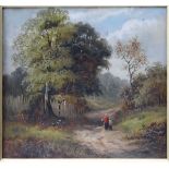 W Lewis 1891,
Oil on board,
Figures walking a path in a country vista,
Signed and dated lower right