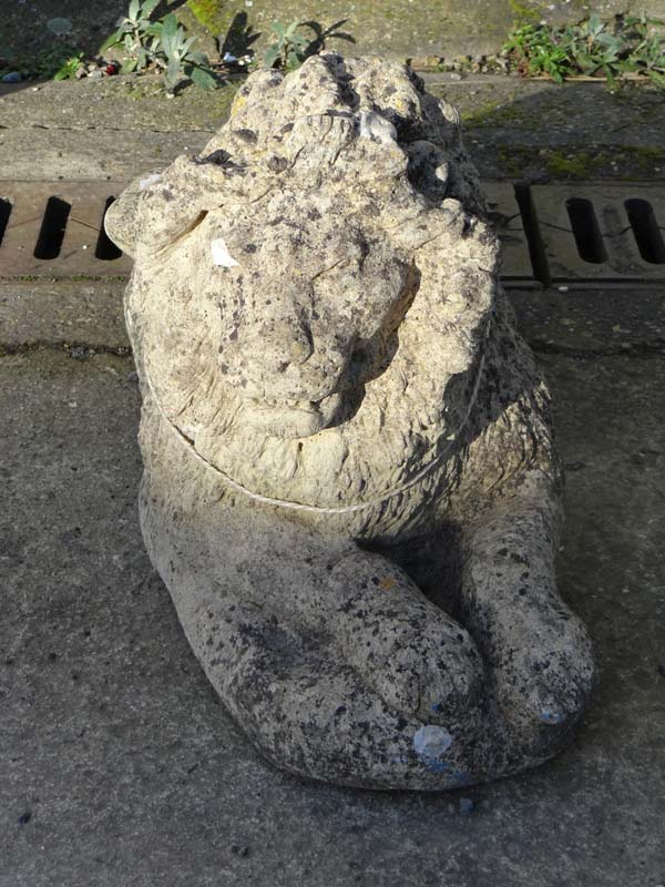 Garden and architectural : an old  composite stone figure of a couchant lion. Has two fixing holes - Image 5 of 6
