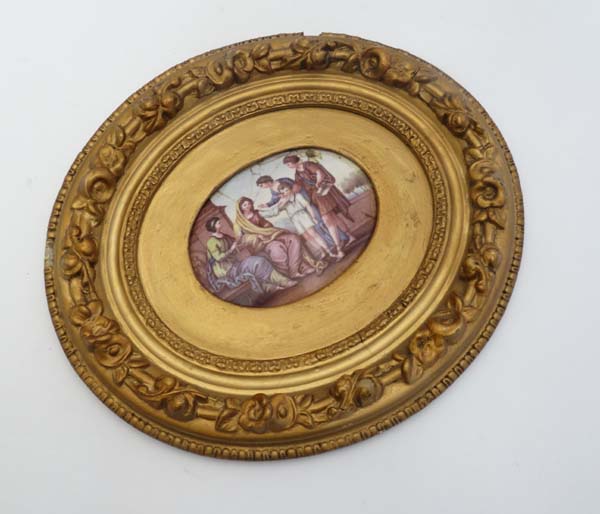 18thC - 19thC Convex Enamel on Copper : a gilt framed oval coloured enamel , with scene after - Image 4 of 5