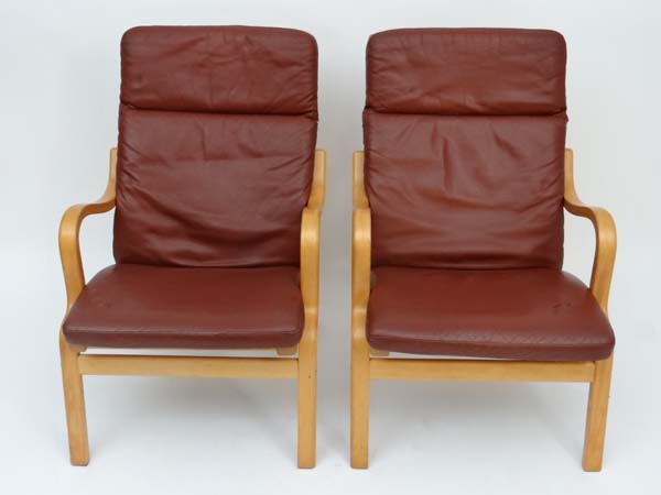 Vintage Retro : a pair of Danish Stouby leather open armchairs , with blonde  beech frame, Dark - Image 2 of 4