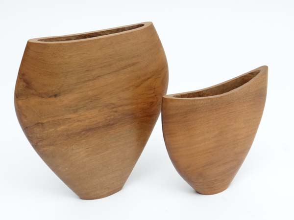 Vintage Retro : Two contemporary Walnut narrow vases, both with the monogram  of the same maker , - Image 3 of 3