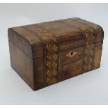 A mid 19thC walnut semi domed inlaid banded work box approx 10" wide CONDITION: Please Note -  we do