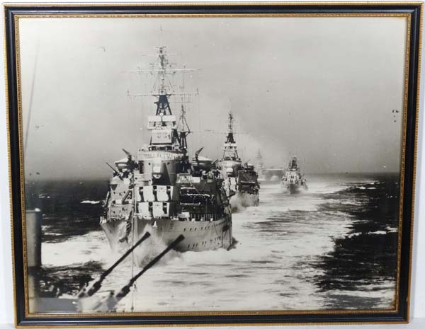 WWII : A pair of large framed Royal Naval monochrome photographs of ships on active service , one - Image 2 of 5