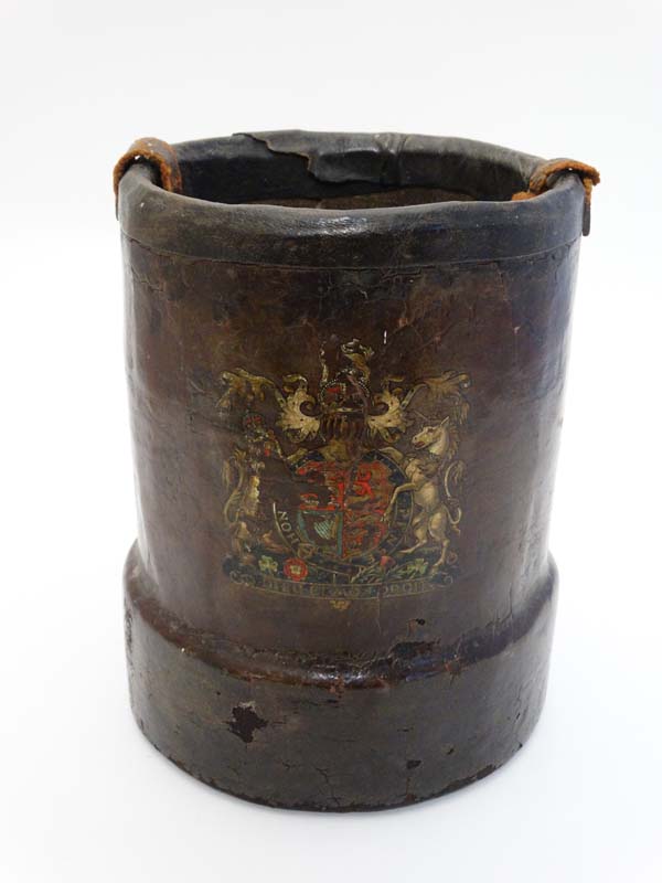 Militaria : A c1900 short Cordite carrier , cylindrical form with leather over cork construction ,