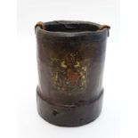 Militaria : A c1900 short Cordite carrier , cylindrical form with leather over cork construction ,