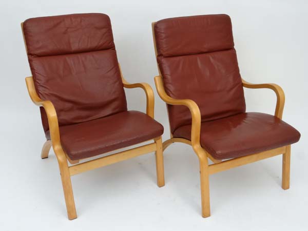 Vintage Retro : a pair of Danish Stouby leather open armchairs , with blonde  beech frame, Dark - Image 3 of 4