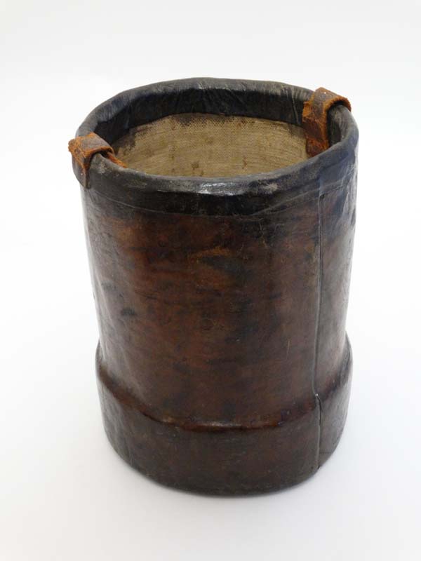 Militaria : A c1900 short Cordite carrier , cylindrical form with leather over cork construction , - Image 4 of 4