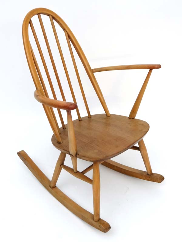 Vintage Retro : a British Ercol 1960 elm and beech ( blonde) Windsor Fireside rocking chair , on - Image 3 of 5