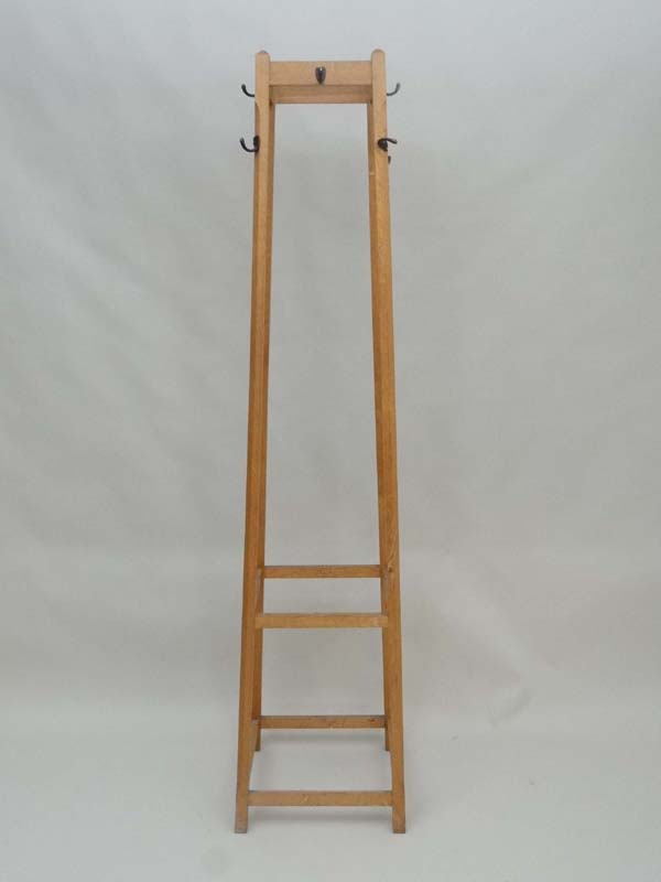 Vintage Retro : a British 1960's oak squared hat and coat stand with chamfered corners and coat - Image 5 of 5