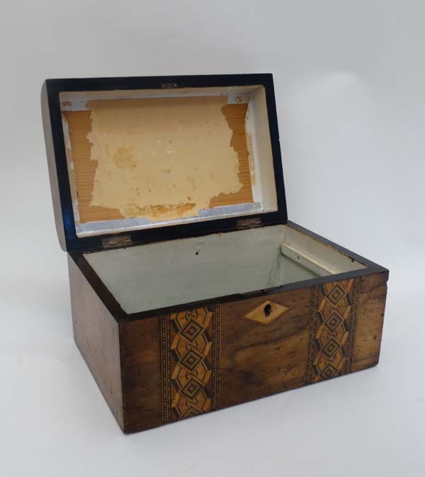 A mid 19thC walnut semi domed inlaid banded work box approx 10" wide CONDITION: Please Note -  we do - Image 6 of 7