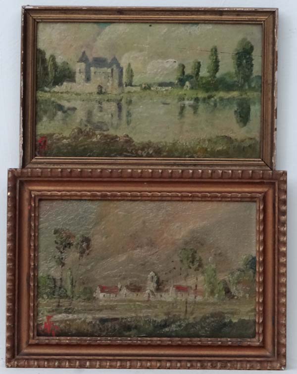 American School XIX -XX,
2 x Oil on panels,
French landscapes, Chateau and Lake & Village landscape,