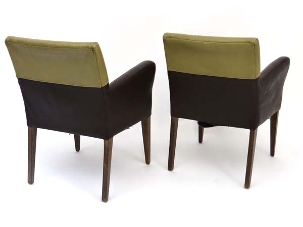 Vintage Retro : a pair of Modernist armchairs  with leather upholstery in brown and sage green - Image 2 of 5