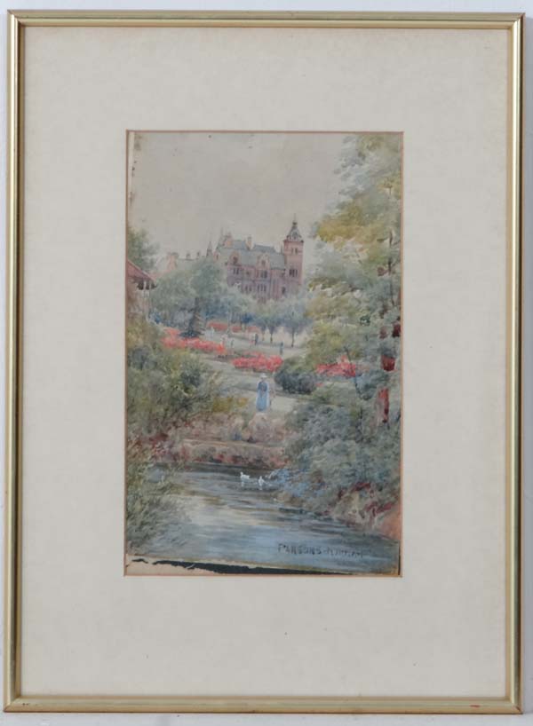 George Parsons Norman (1840-1914),
Watercolour,
A Park garden with ducks on a stream , 
Signed lower