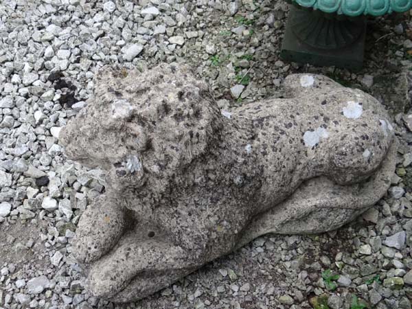 Garden and architectural : an old  composite stone figure of a couchant lion. Has two fixing holes - Image 4 of 6