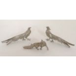 A pair of silver plate menu holders formed as Lady Amherst pheasants together with a cast model of a