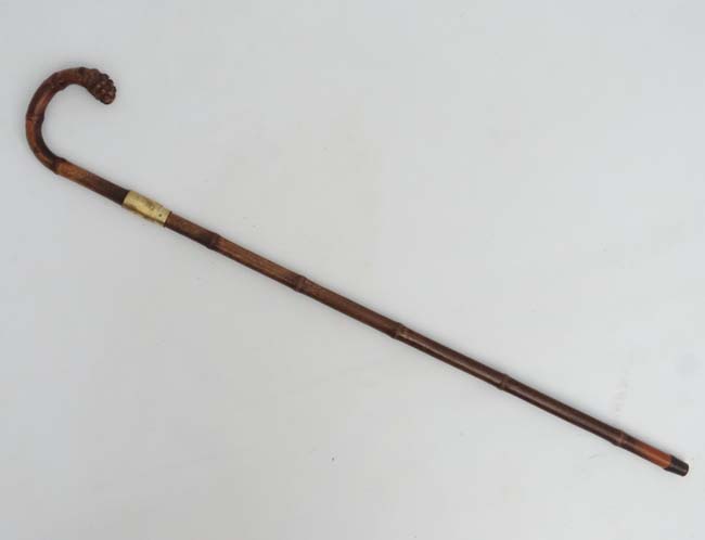 Collectors Antique Sword Stick : a bamboo and brass Crook handled 19 th C Sword Stick with squared - Image 3 of 3