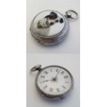 A ladies hallmarked silver pocket watch with later with later applied ceramic cabochon decorated