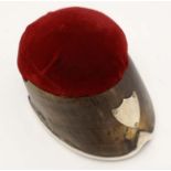 A hat pin holder formed from a horses hoof with silver plate mounts and red velvet cushion. Approx 3