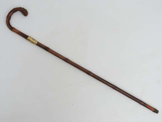 Collectors Antique Sword Stick : a bamboo and brass Crook handled 19 th C Sword Stick with squared - Image 2 of 3