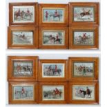 Hunting : 12 Birdseye Maple Framed cushion moulded hand coloured hunting etchings , each