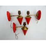 Vintage Retro : a set of 3 wall lights with pull cords , circular red plastic cone shaped bases,