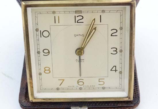 Art Deco Travel Clock : A 1930' s Smith's Travel Alarm Clock of squared form in a lizard leather - Image 4 of 5