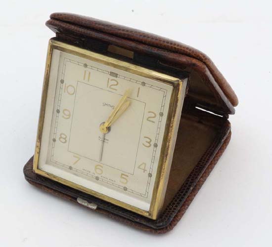 Art Deco Travel Clock : A 1930' s Smith's Travel Alarm Clock of squared form in a lizard leather - Image 3 of 5