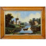 XIX English School
Reverse glass painting
Figures on a lake before a ruined castle, cottage etc