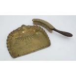 Art Nouveau : a Joseph Sankey and Sons embossed brass crumb tray and shaped brush, signed to tray