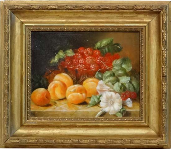 XX Dutch School
Oil on board
Still life of fruit on a stone ledge including raspberries, peaches,