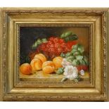 XX Dutch School
Oil on board
Still life of fruit on a stone ledge including raspberries, peaches,