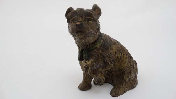 A hand painted cast bronze figure of a sejant terrier dog with tasseled collar and hinged head 3 1/ - Image 10 of 16