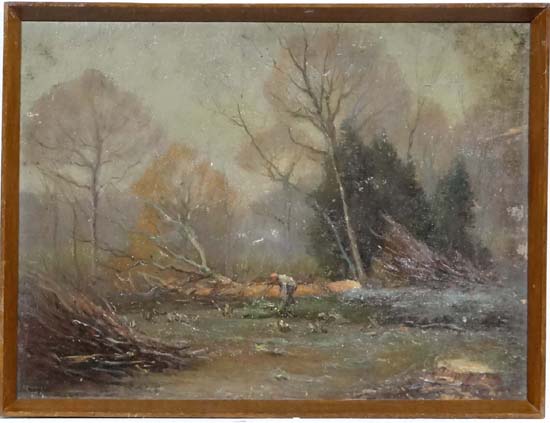 W B Rowe early to mid XX
Oil on panel
The Wood Cutter
Signed lower left
10 1/4 x 13 1/2"
 CONDITION: