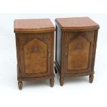 A Pair of French At Deco oak rouge marble topped  bedside cupboards (Handed) with single panel