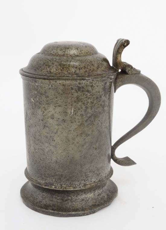 A c.1900 hinged lidded pewter tankard, indistinctly marked under 6 1/2" high  CONDITION: Please Note - Image 6 of 7