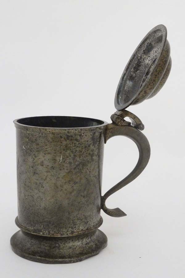 A c.1900 hinged lidded pewter tankard, indistinctly marked under 6 1/2" high  CONDITION: Please Note - Image 4 of 7