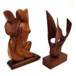 Vintage Retro :  Two carved wooden sculptures , one walnut and teak ?  , one depicting a couple