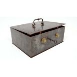 19 th C Strong Box : an unusual combination and key lock steel / Iron safe box / document box