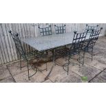 A 20 thC large garden table and chairs, the table with a one piece marble top and painted steel