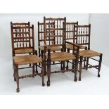 Lancashire Spindleback chairs : A Contemporary set of 6 ( 5+1) envelope rush seated oak chairs . The