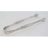 19thC sugar tongs with bright cut decoration marked Silver Solder  BP  maker A&T 5" long  CONDITION: