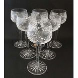 A set of 6 cut crystal hock glasses labelled ' Bohemia made in Czechoslovakia ' 7 1/2" high