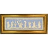 A framed 19thC Wedgewood blue Jasperware plaque. Depicting Psyche the goddess of the soul bound to a