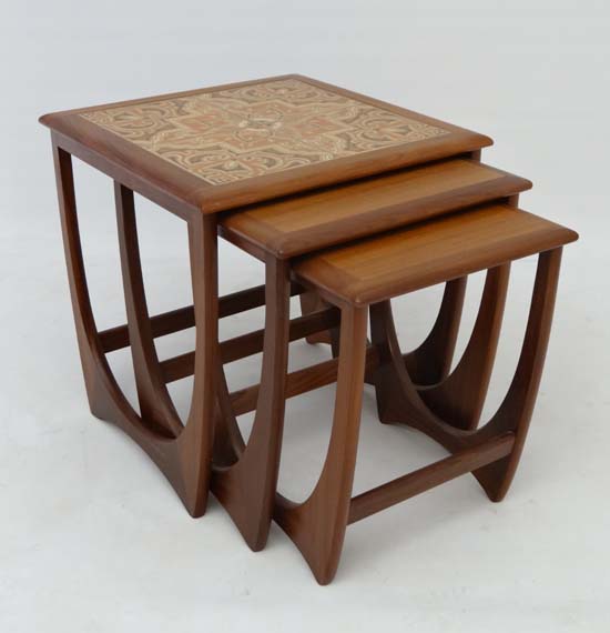 Vintage Retro :  a British  G-Plan nest of 3 tables (no. 3552D) with ceramic tile top inlay circa
