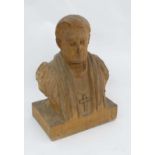 Carved wooden Bust : a circa 1900 wooden carved figural bust of a Papal / Clergy man  wearing