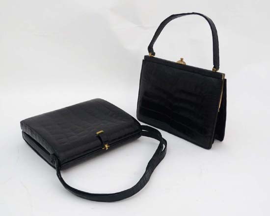 Handbags : two black Crocodile skin handbags , one a dress clutch bag , the other with two carry