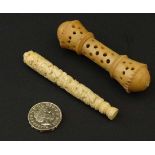 Victorian Needle cases : a 19th C Cantonese needle case with carved decoration together with a