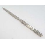 An unusual silver handled paper knife / letter opener, the handle with engine turned decoration