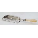 A late 19thC / early 20thC silver plate crumb scoop with engraved decoration and turned ivory handle