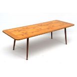 Vintage Retro :  a 1960's marquetry inlaid mahogany and satinwood coffee table having leaf